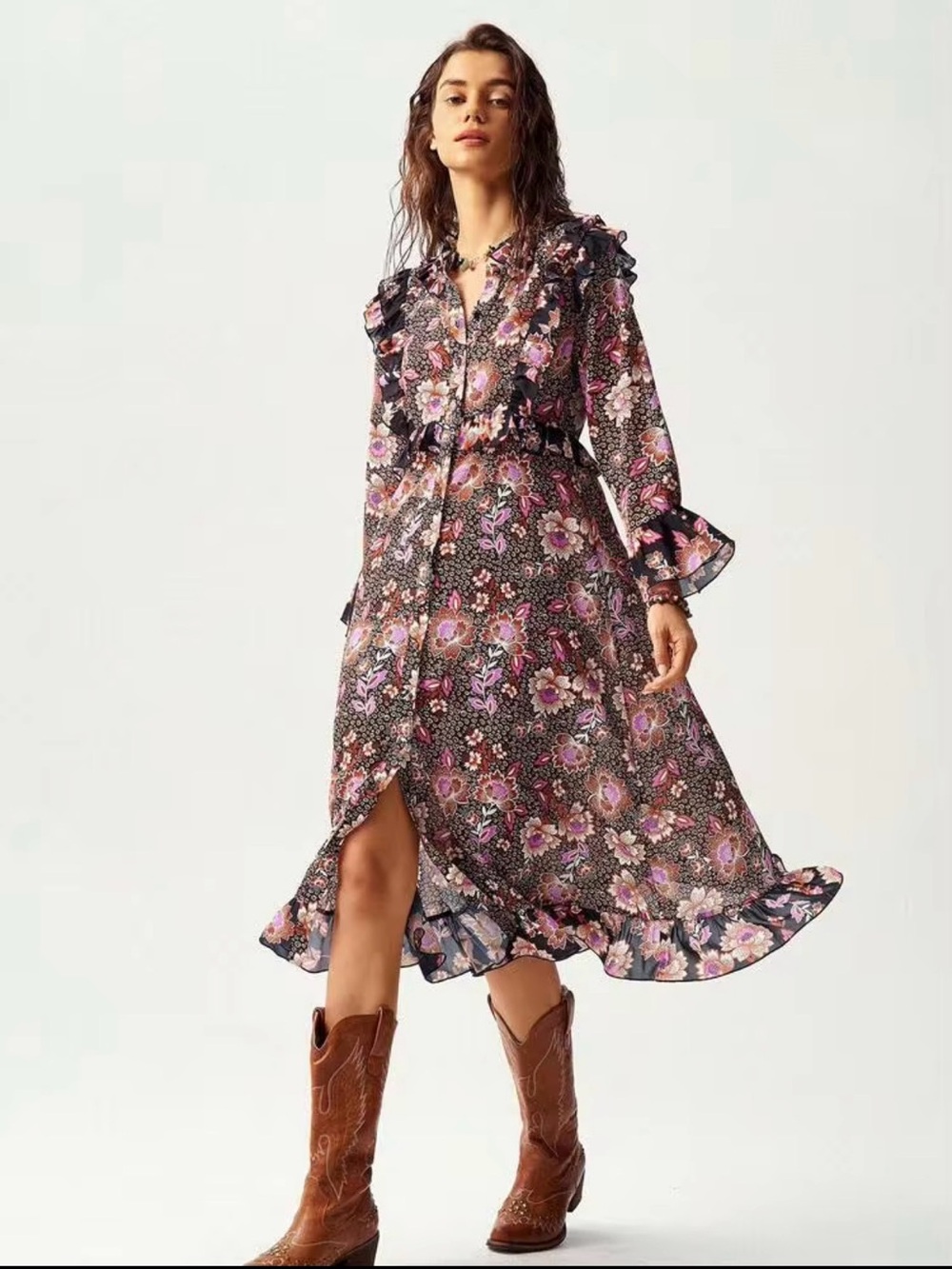 SHEIN Boho Western Floral Ruffle Midi Dress Size Small NWT